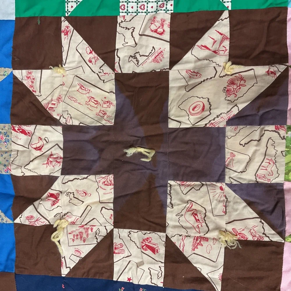 Vintage Handmade‎ Bears Paw Patchwork Quilt 1940s-1950s Cotton Hand-Tied Full Sz